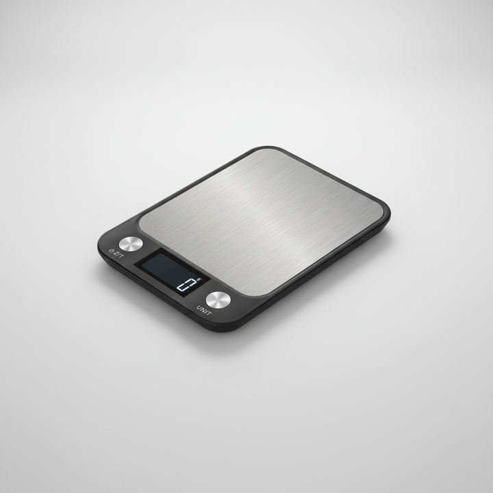 Compacte roestvrijstalen digitale keukenweegschaal, oplaadbaar en waterdicht voor koken/bakken.