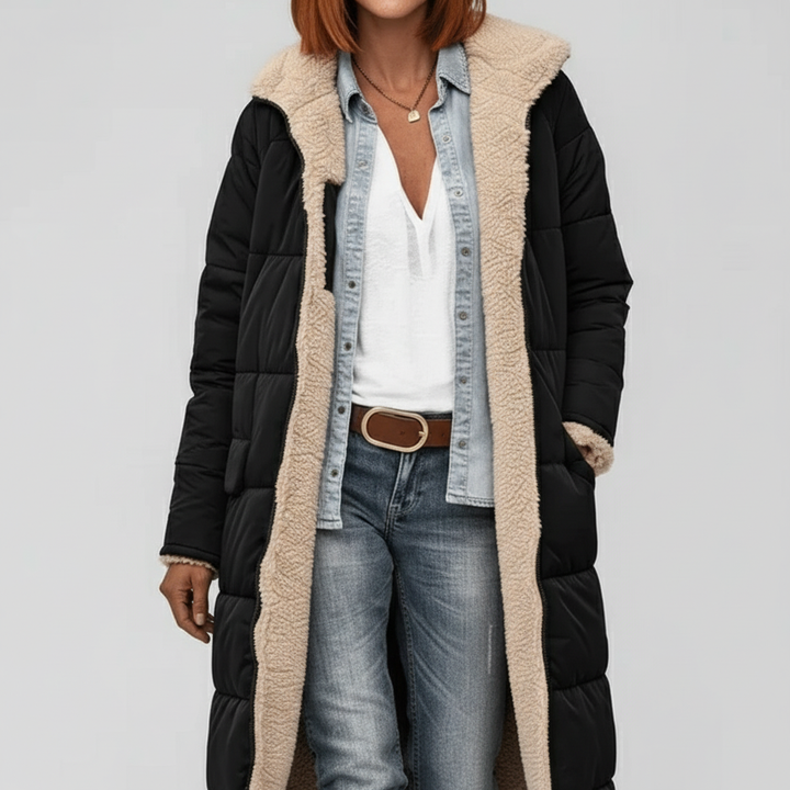 Trendy doorgestikte dames winterjas, lange mantel Lillian. Warm en een blikvanger in elke winteroutfit.