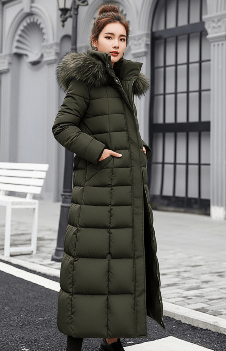 Modieuze lange dames winterjas Natalie, gewatteerd en met capuchon, ideaal als outwear.