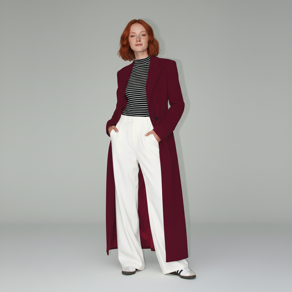 Rode lange getailleerde dames mantel, elegant en veelzijdig voor zakelijke en avondkleding.