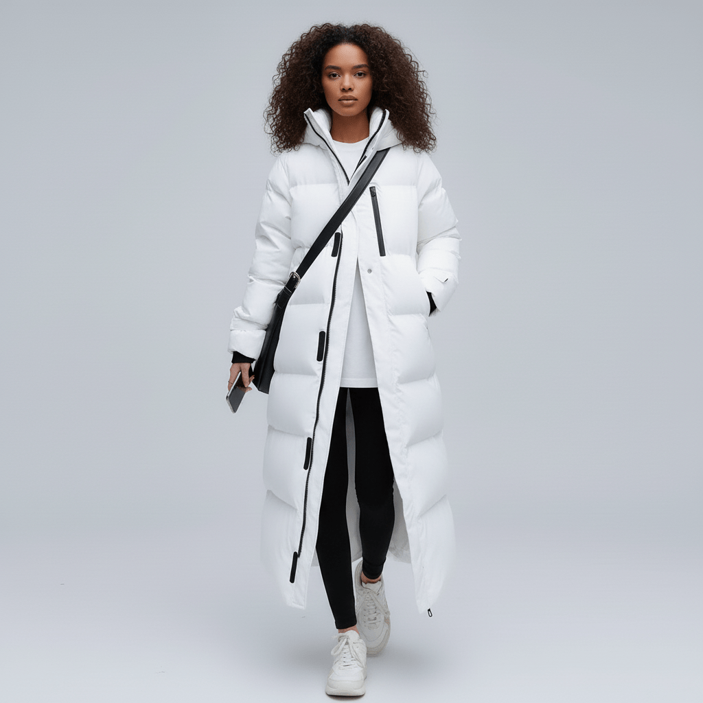 Lange dames winterparka Abigail met warme capuchon, ideaal voor bescherming tegen wind en kou.