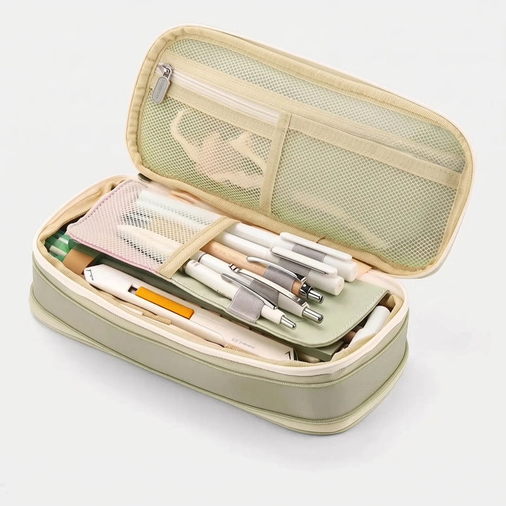 Veelzijdige etui voor kantoorartikelen, geschikt voor het efficiënt opbergen van pennen, gummen en USB-sticks.