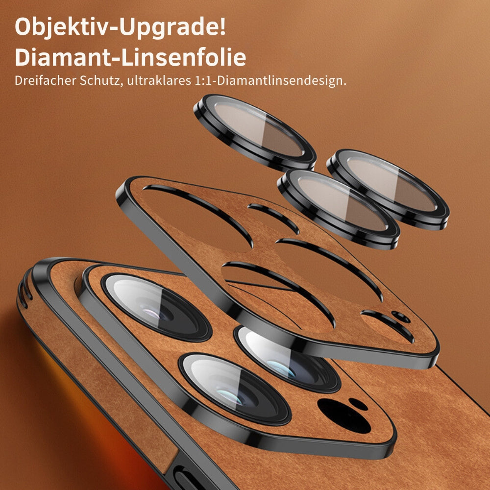 iPhone hoesje van premium leer met een strak design en effectieve valbescherming.