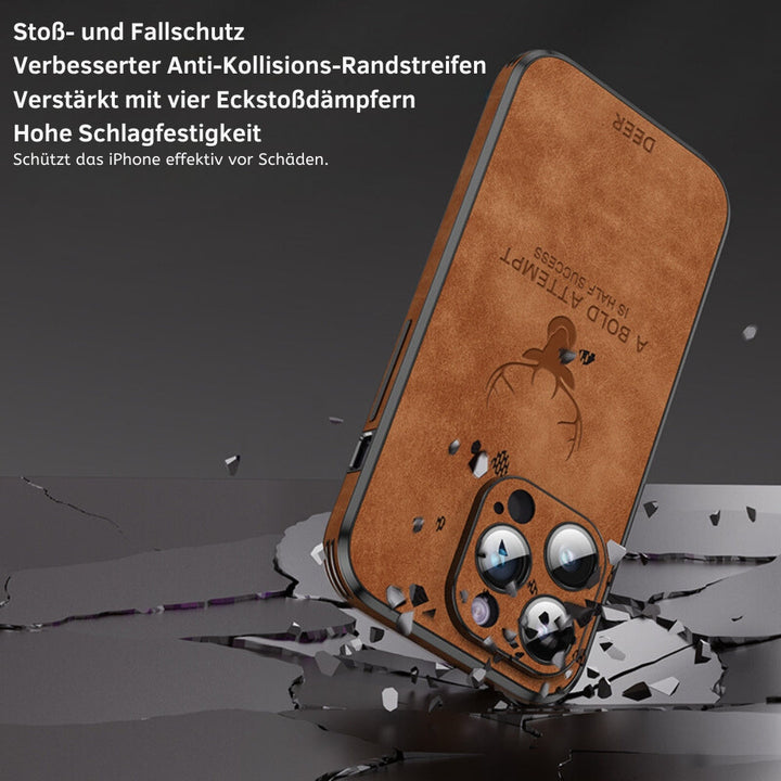 Elegant leren iPhone etui, compact en schokbestendig, ideaal als stijlvol cadeau.