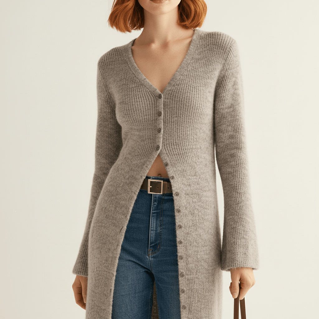 Modieuze dames longline cardigan, comfortabel en elegant met knopen en zijsplitjes.