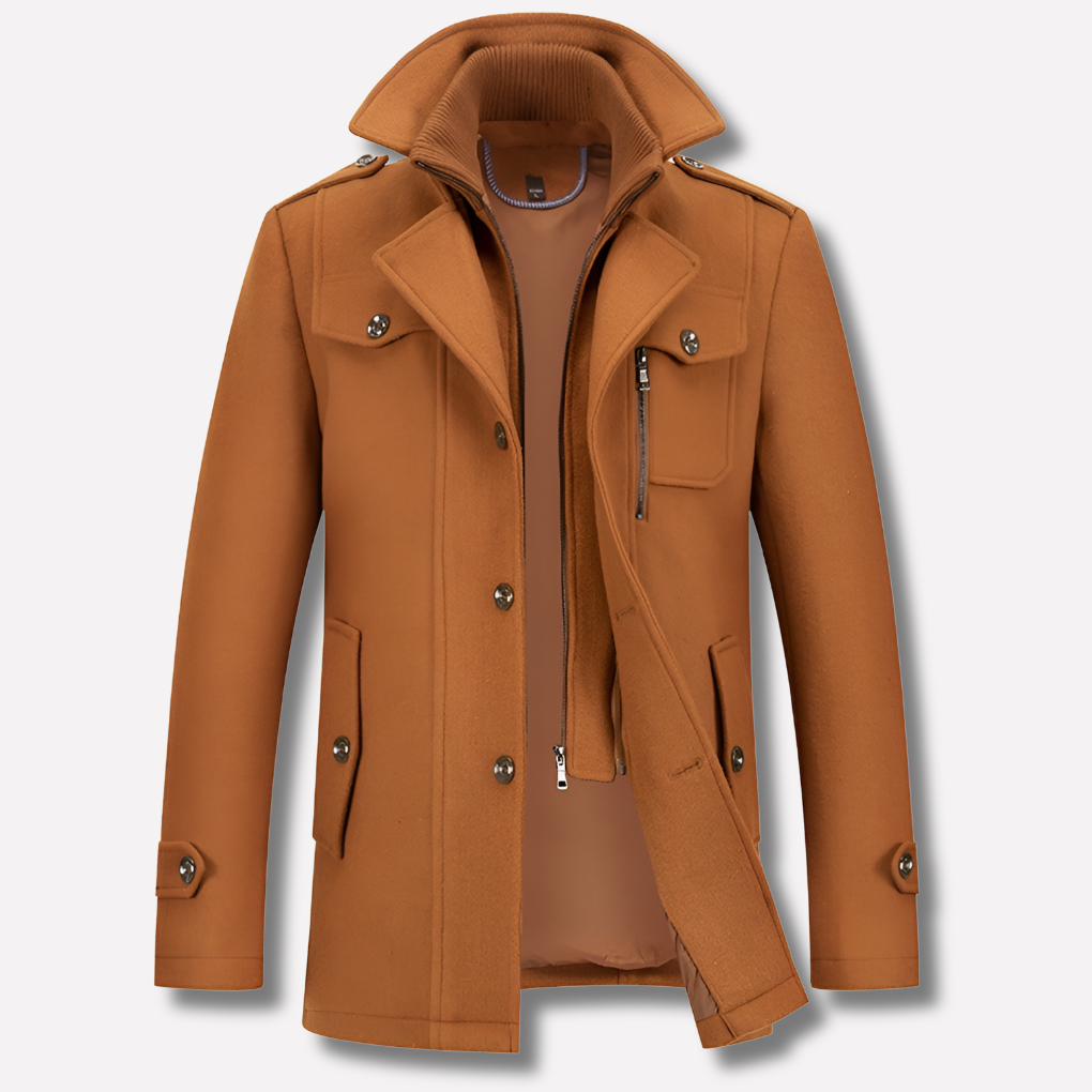 Heren winterjas 'Aurora Wonen' met stijlvolle kraag, vooraanzicht. Luxe bovenkleding voor de modebewuste man.