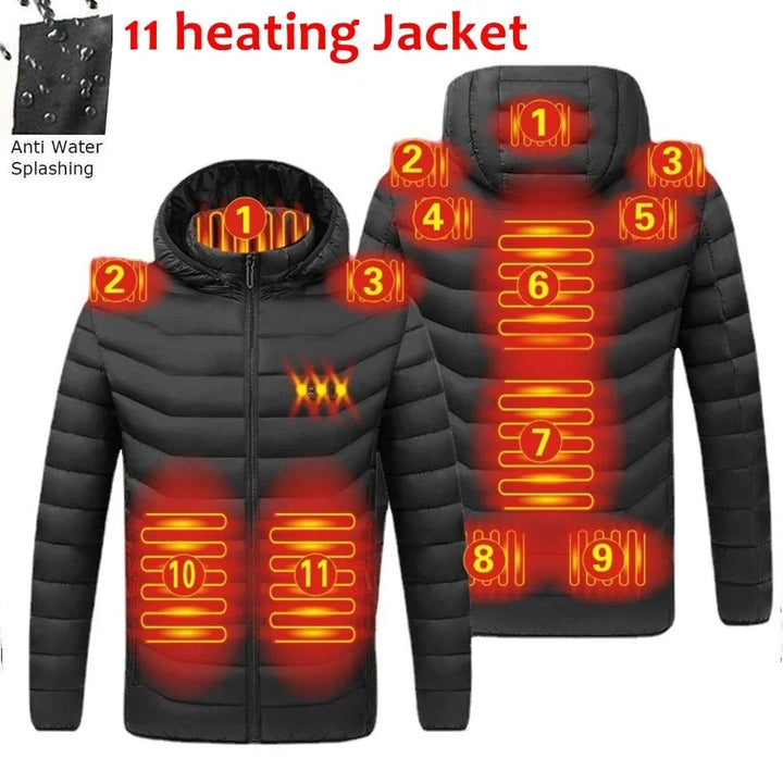 Zwarte slimme thermostaatjas voor heren, perfect voor buitenactiviteiten in de winter.