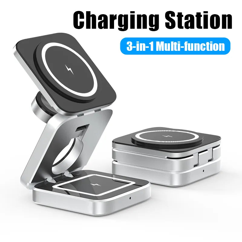 3-in-1 magnetisch opvouwbaar laadstation voor draadloos opladen van smartphone, smartwatch & oortjes.