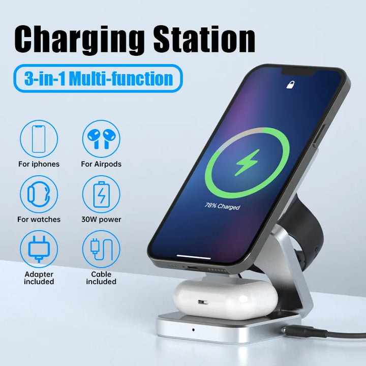 Compact opgevouwen draadloos 3-in-1 laadstation, ideaal als reisoplader voor diverse tech gadgets.