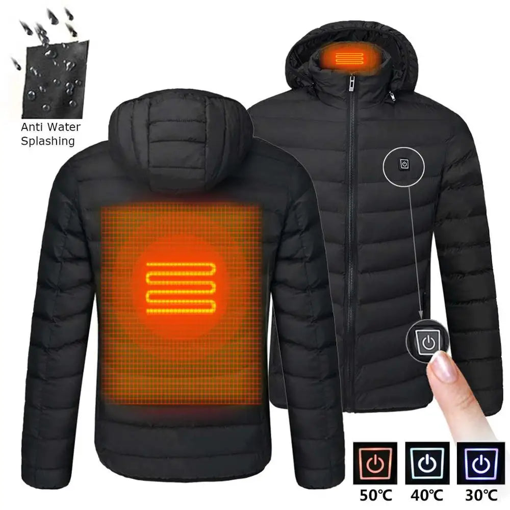Warme heren winterjas met ingebouwde USB verwarming, koudebestendig en comfortabel.