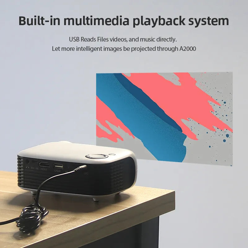 Draagbare HD projector voor een complete bioscoopervaring; gemakkelijk mee te nemen voor thuis of op reis.