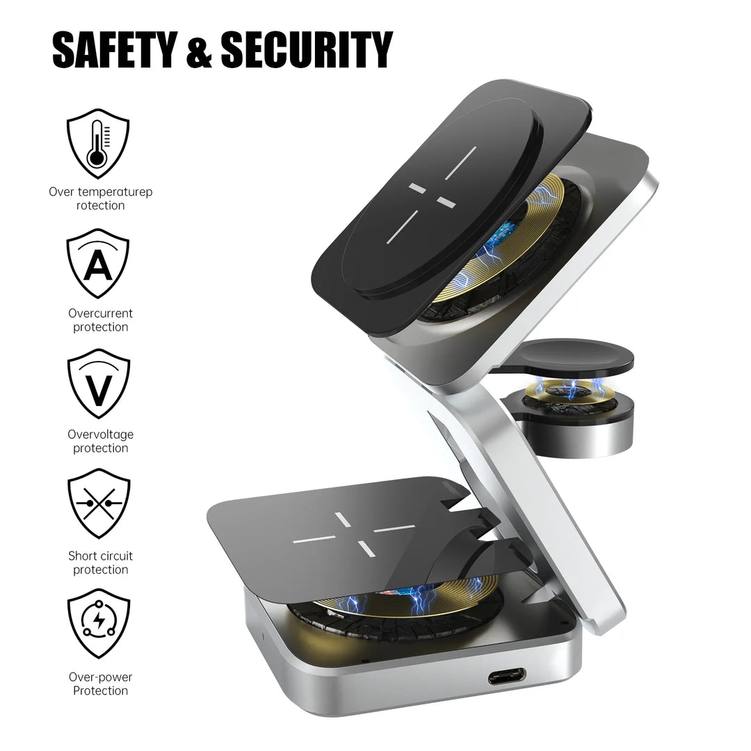 Stijlvol opvouwbaar draadloos laadstation, een essentieel 3-in-1 smartphone accessoire voor onderweg.