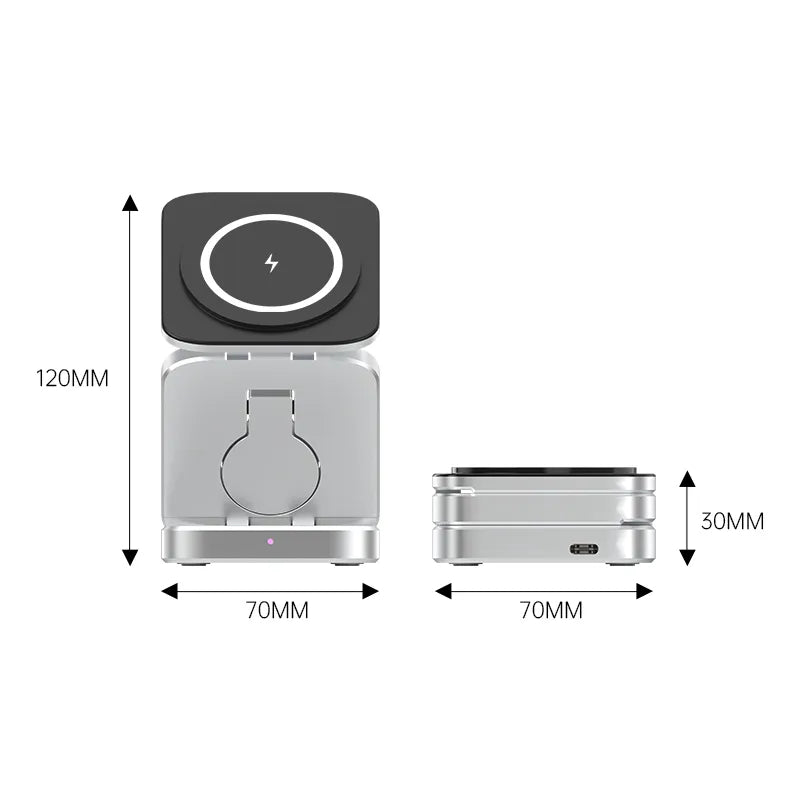 Zwart magnetisch 3-in-1 laadstation op bureau, klaar voor draadloos opladen van smartphone en meer.