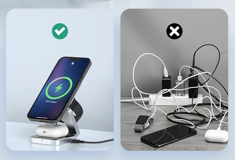 Detail van het opvouwbare Qi laadstation, toont de oplaadpads voor meerdere draadloze apparaten.