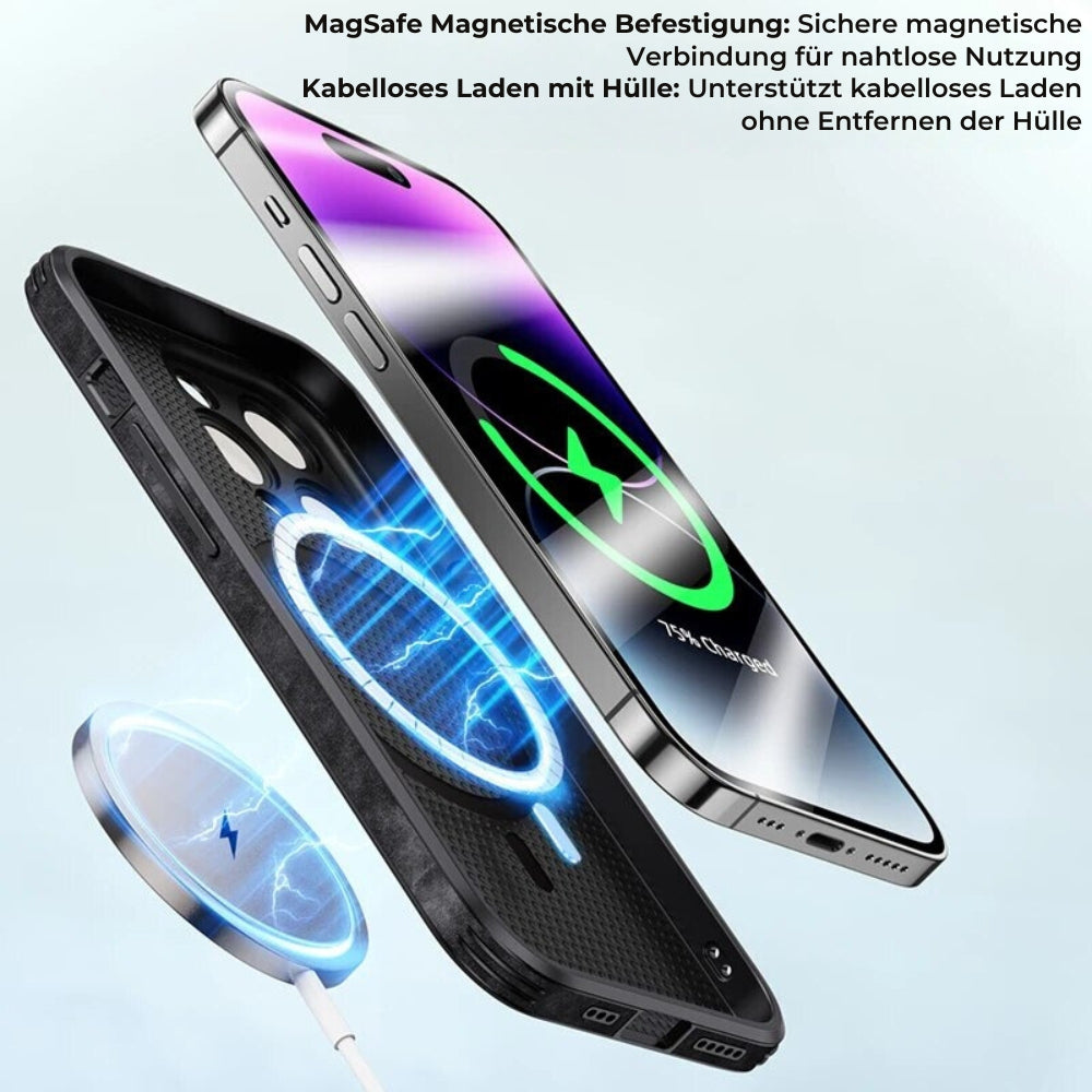Elegant leren iPhone hoesje met schokabsorberende technologie en een premium gevoel.