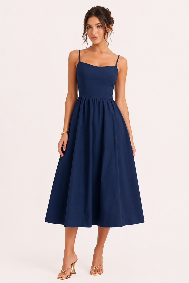 Elegante blauwe casual midi jurk voor dames, comfortabel en perfect voor de zomer en lente. Ideaal voor een stijlvolle dagelijkse outfit.