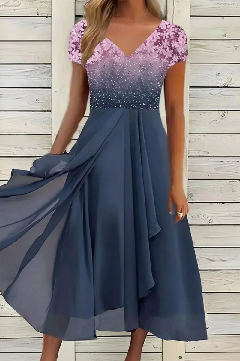 Trendy dames maxi-jurk met V-hals, korte mouwen en bloemmotief, geschikt voor formele kleding.