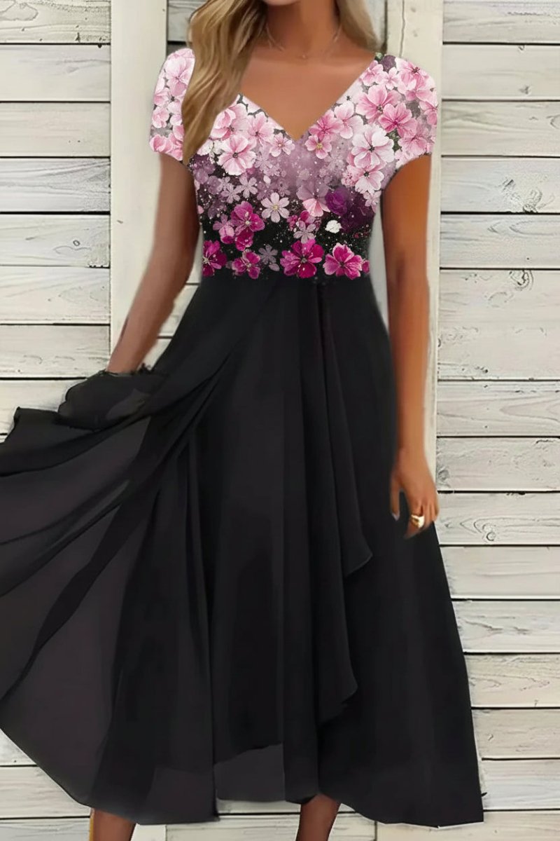 Prachtige maxi-jurk met bloemmotief, V-hals en korte mouwen, perfect als galajurk voor vrouwen.