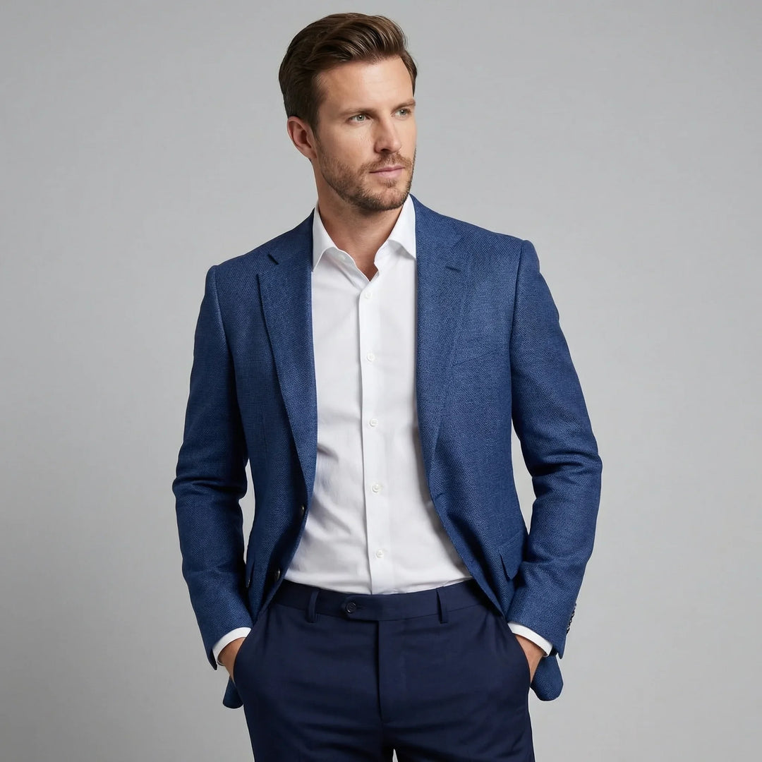 Elegante marineblauwe heren blazer met reverskraag & knoopsluiting. Perfect voor zakelijke lente/zomer outfits.