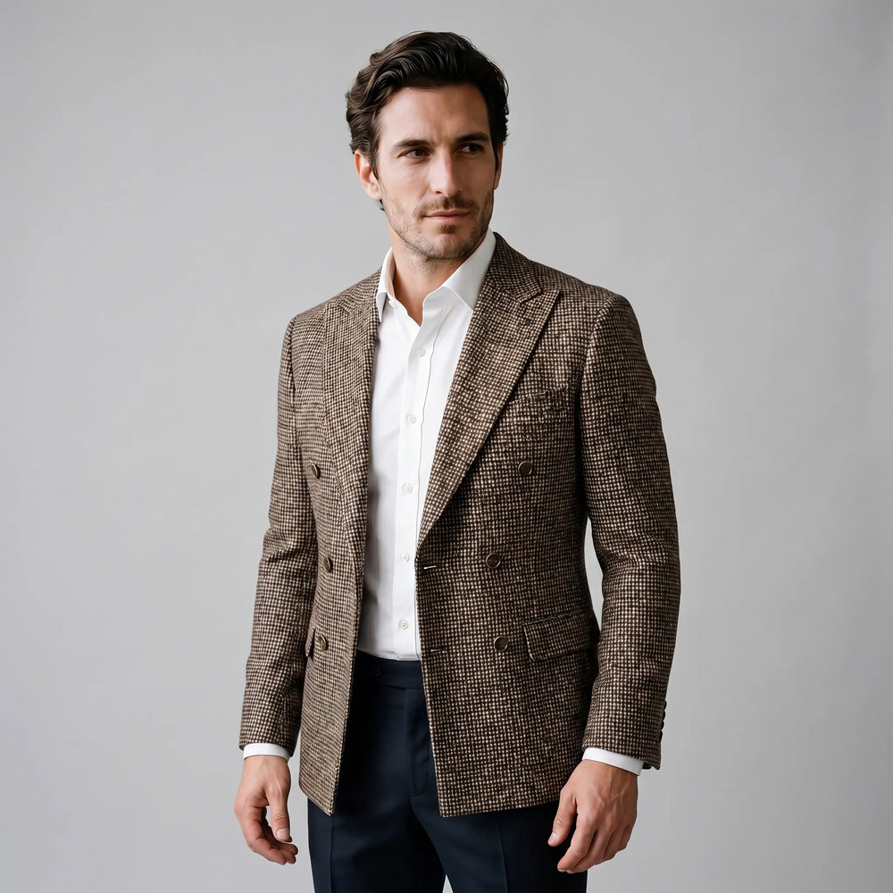 Stijlvolle slimfit herenblazer met chic ruitdessin en dubbele rij knopen, moderne bovenkleding.