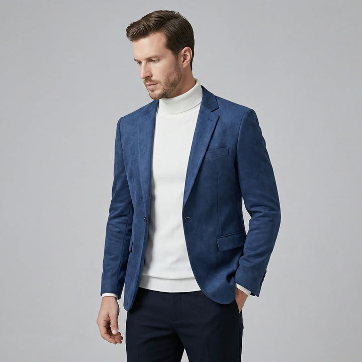 Voorzijde van een heren slim fit blazer met V-hals, enkele knoopsluiting.