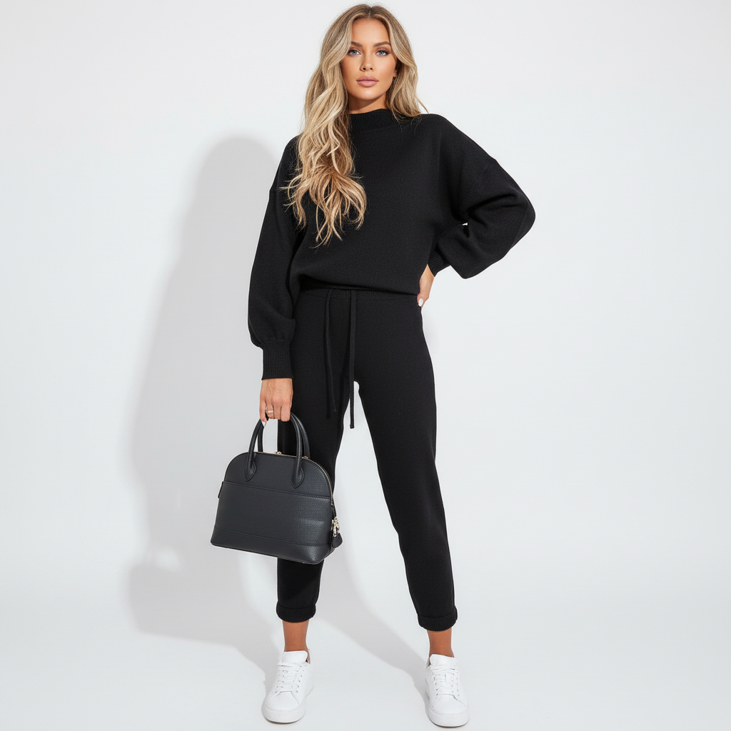 Dames outfitset met hoge kraag, tweedelig en comfortabel, een stijlvolle keuze voor vrijetijdskleding herfst/winter.