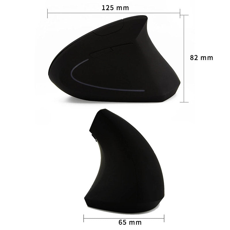 Zwarte ergonomische muis, draadloos computeraccessoire voor lange werksessies op kantoor of thuis.