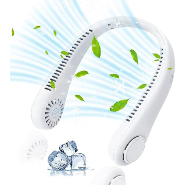 Draadloze nekventilator met modern design voor handsfree koeling onderweg. Perfect voor zomerse dagen.