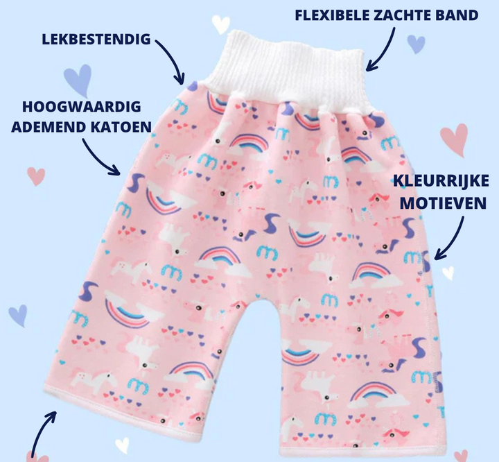 Kind draagt herbruikbaar trainingsbroekje, bevordert zindelijkheidstraining en biedt comfortabele nachten.