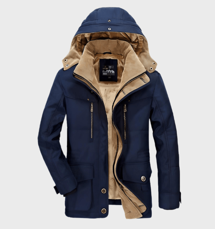 Robuuste heren winterjas met capuchon en ru_ime diepe zakken, een essentiële warme jas voor de winter.