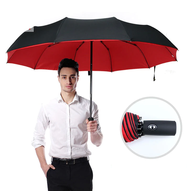 Unisex automatische winddichte paraplu, getoond in regenachtig stadsbeeld. Essentiële bescherming.