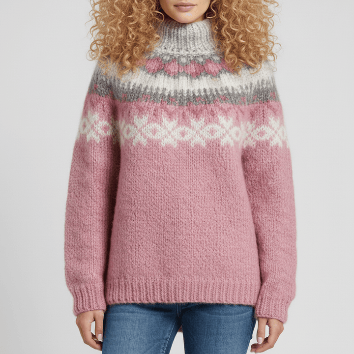 Dames Scandinavische wintertrui Audrey, comfortabel en warm met hoge kraag en relaxte pasvorm.