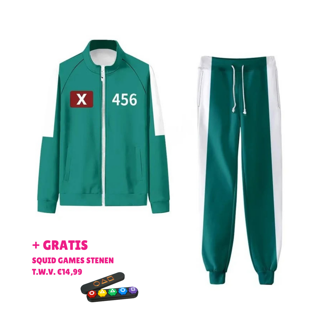 Groen Squid Game unisex trainingspak met nummer voor cosplay, halloween of themafeest.