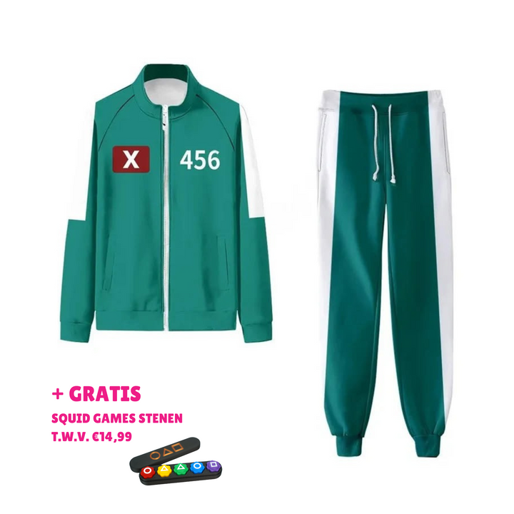 Groen Squid Game unisex trainingspak met nummer voor cosplay, halloween of themafeest.