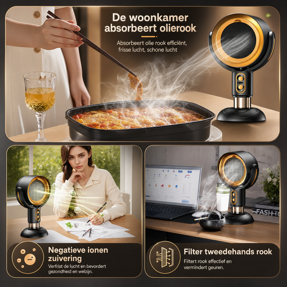 Draagbare bureau luchtreiniger voor effectieve rookeliminatie en ontgeuring, ideaal voor een frisse werkplek thuis.