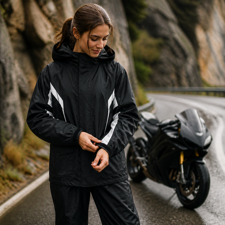 Model draagt het ademende unisex regenpak tijdens het fietsen, beschermend tegen regen en wind op weg naar het werk.