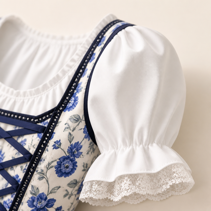 Feestelijke retro dirndl jurk voor dames, ideaal voor Oktoberfest, met vrolijk bloemenprint en schort.