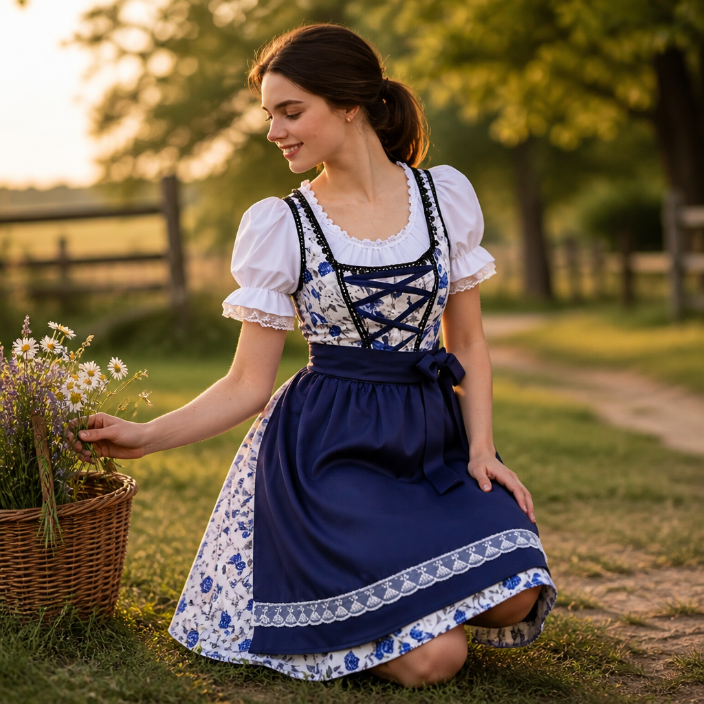 Levendige retro Oktoberfest dirndl jurk voor dames met kleurrijke bloemen en traditionele look.