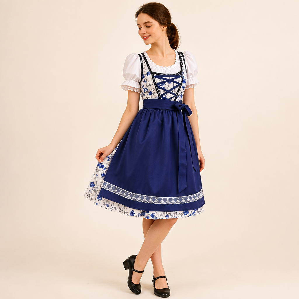 Complete dames dirndl jurk voor Oktoberfest, inclusief blouse, bloemenjurk en gelaagd schort.