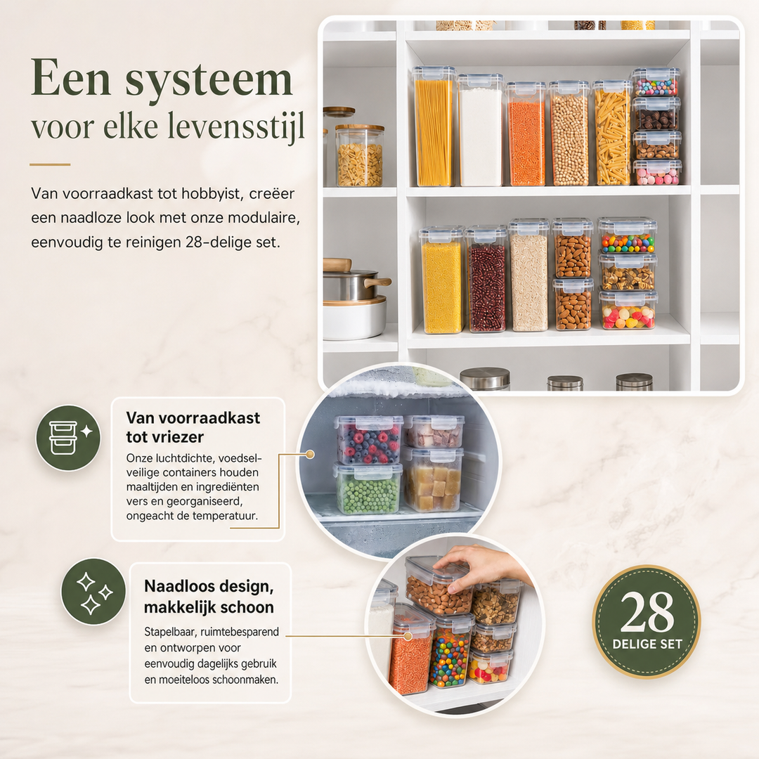 Complete voedselbewaarset van 28 keukencontainers met etiketten, voor overzichtelijke en efficiënte opslag.