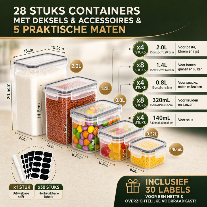 Grote variëteit aan maten binnen de 28-delige voedselbewaarset, geschikt voor alle keukenopslagbehoeften.
