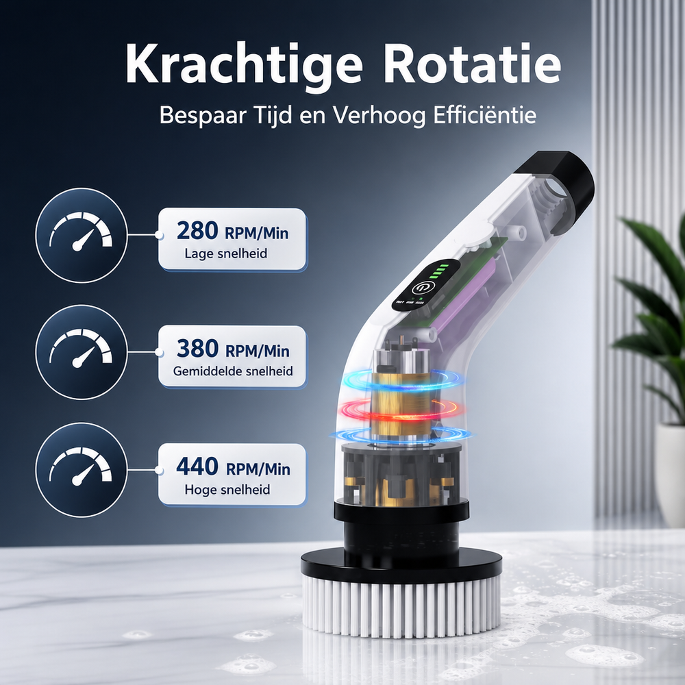Krachtige elektrische schrobborstel, draadloos, ideaal voor diepe reiniging van voegen en oppervlakken.