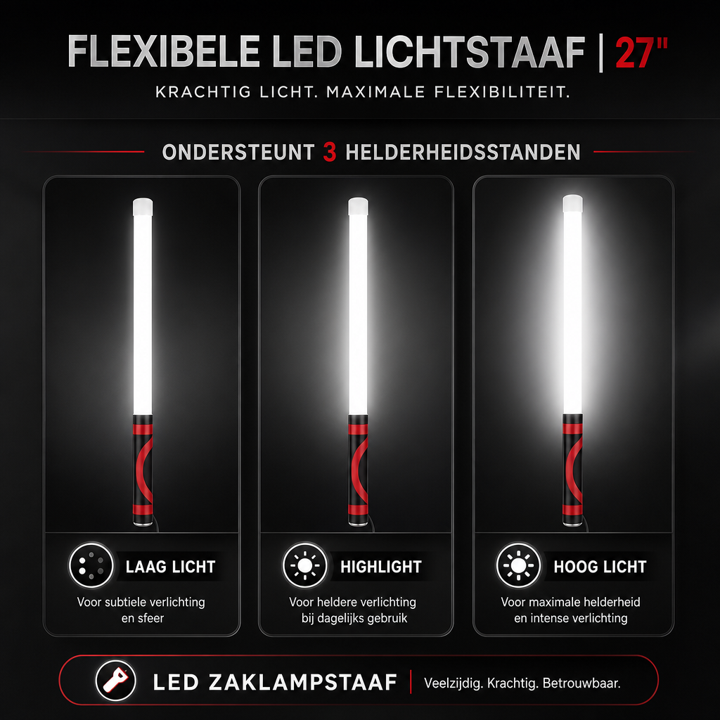 Lange (76 cm) flexibele LED werklamp, oplaadbaar en handsfree, perfect voor elke klus in huis en tuin.