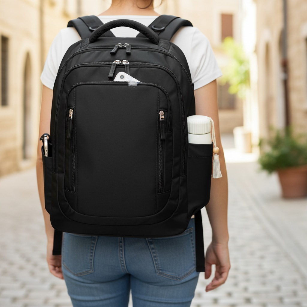 Zwarte PackMax rugzak op wieltjes, compacte reistas en laptoptas voor werk of vakantie, stijlvol en praktisch.