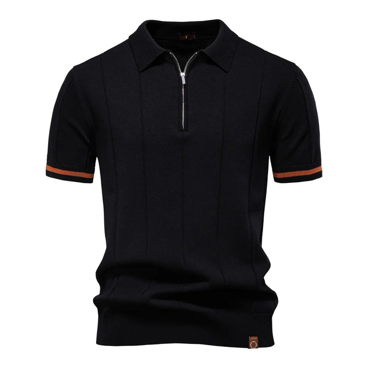 Heren zomer polo met een uniek design van verticale lijnen en praktische ritssluiting. Trendy herenkleding.