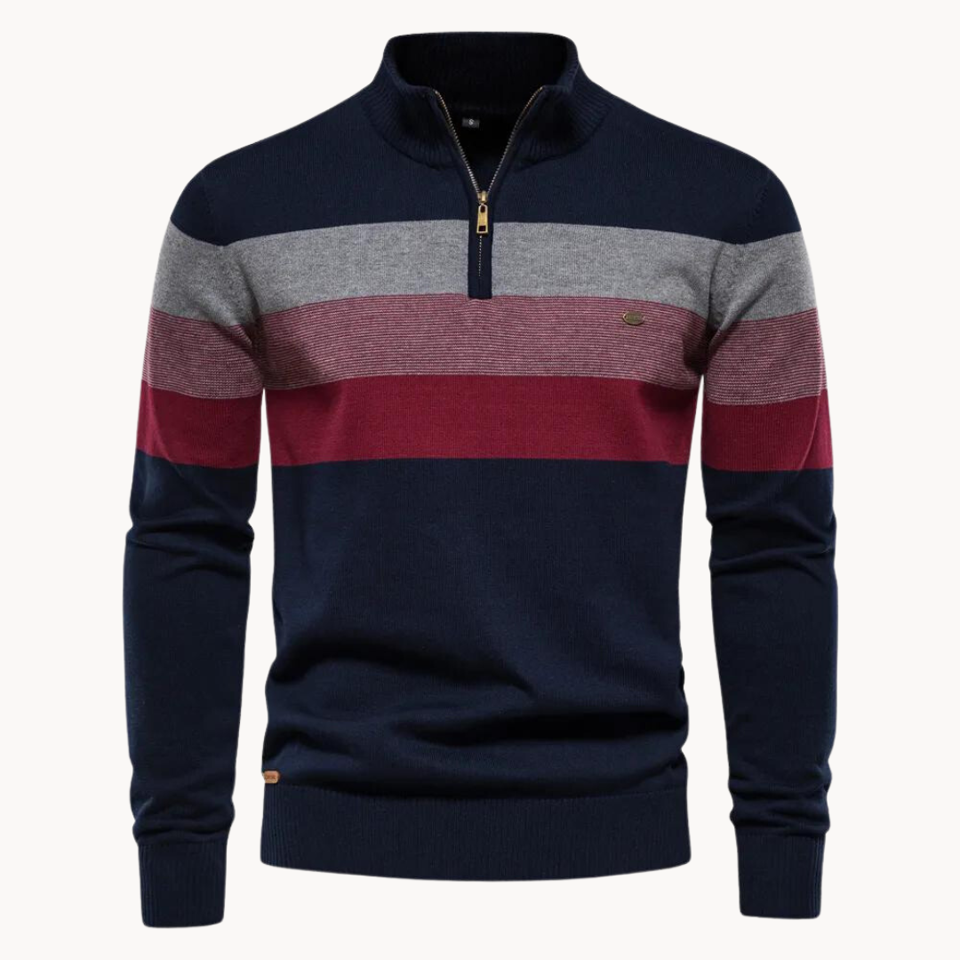 Heren gestreepte halfzip trui Toby. Casual & verfijnde pullover met opstaande kraag voor mannen.
