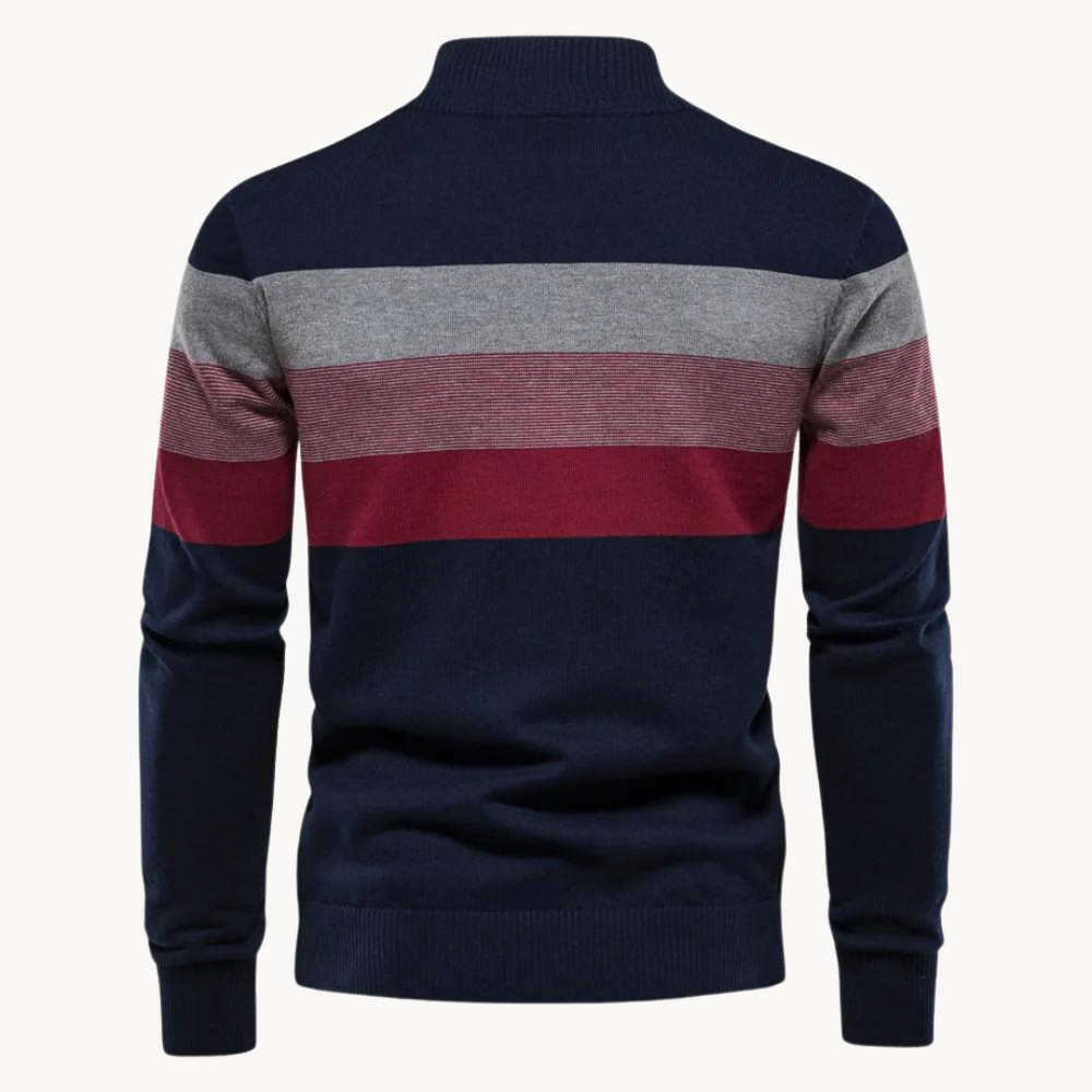 Modieuze blauwe heren halfzip trui met strepen. Pullover met lange mouw en opstaande kraag.