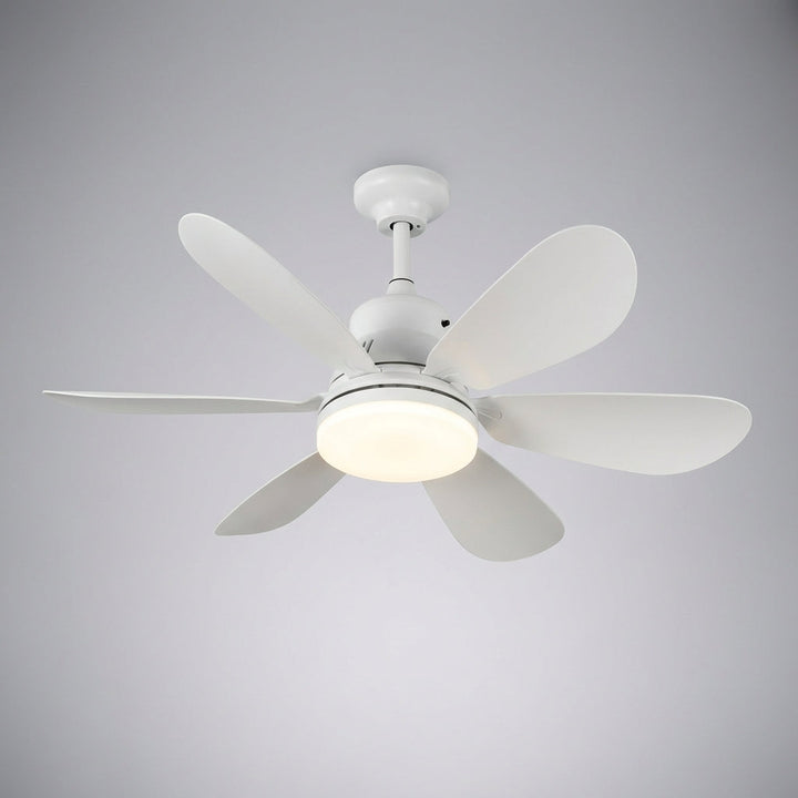 Energiezuinige witte plafondventilator met LED-licht voor een fris en comfortabel binnenklimaat, modern design.