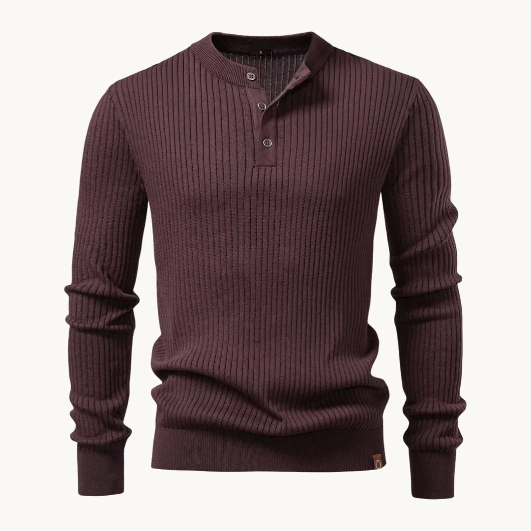 Casual heren trui in herfstmode stijl, geribbelde stof, ronde hals met knoopsluiting.