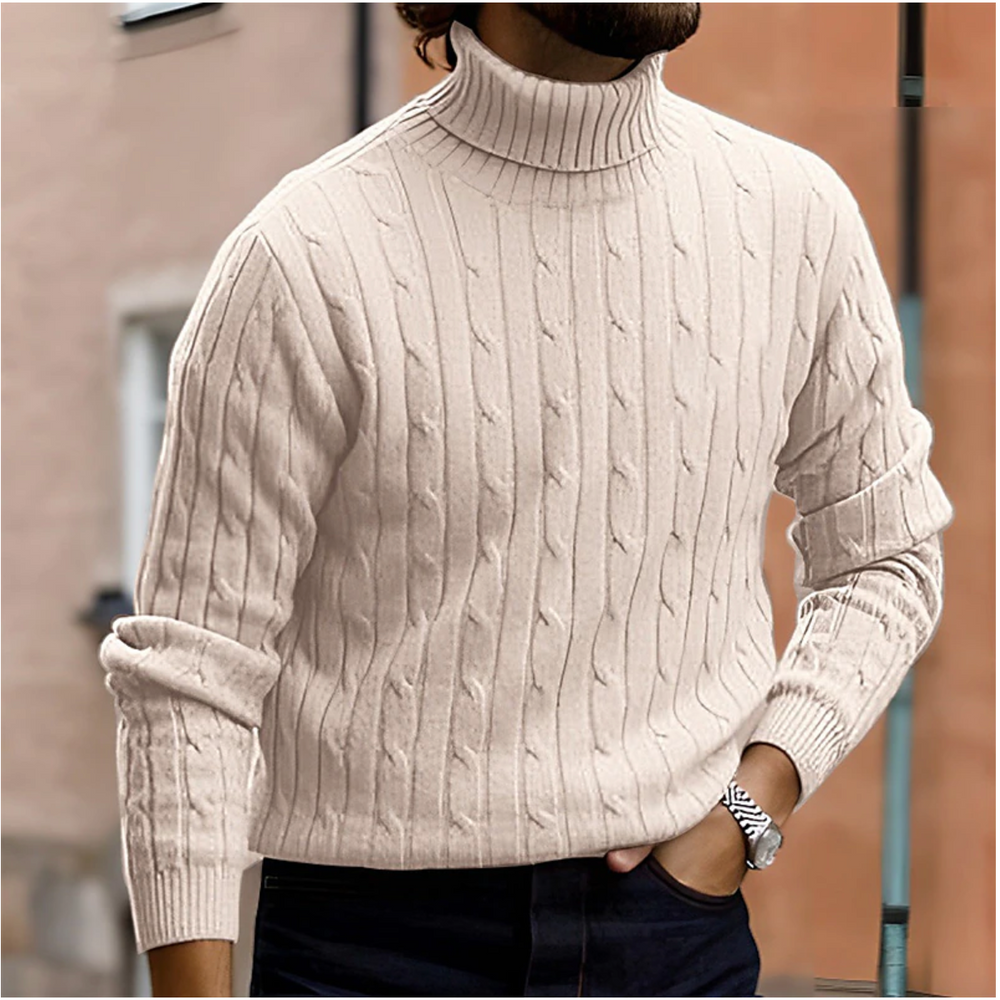 Gedetailleerde close-up van de zachte heren coltrui Ashton met verfijnd kabelpatroon. Perfect voor winter.